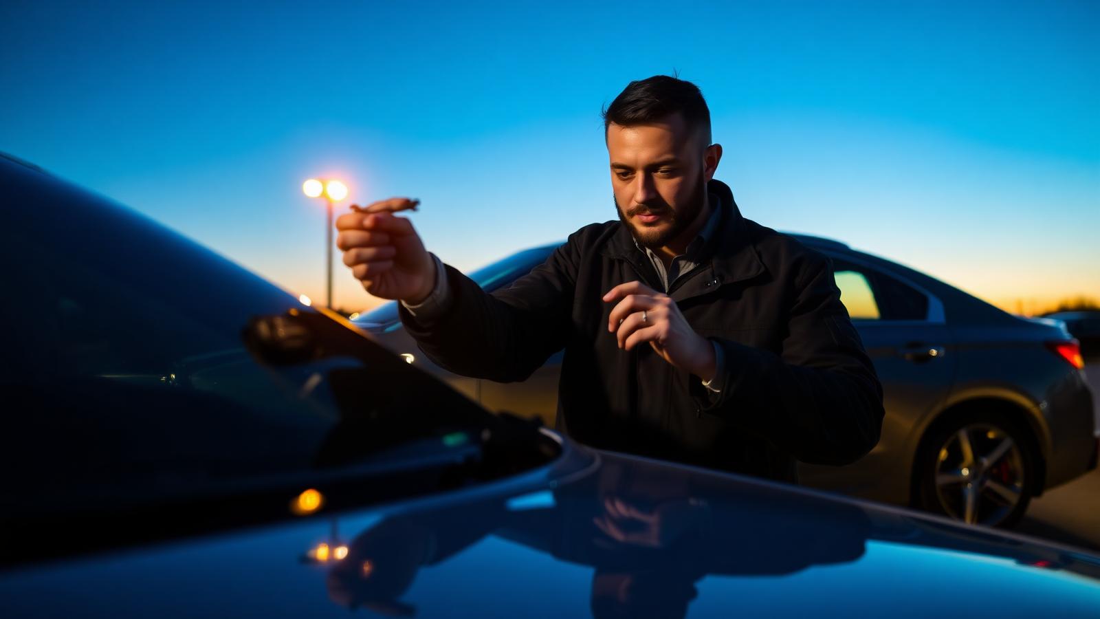 Automotive locksmith programming a replacement car key beside a sedan in Allen, Texas