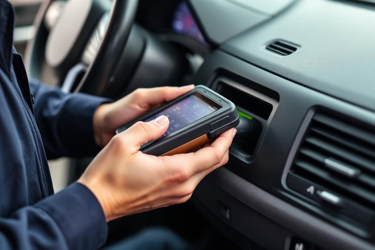 Technician programming a car key with a diagnostic tool at the OBD port